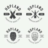 Set of vintage beer and pub logos, labels and emblems with bottles, hops, and wheat stock illustration Set of vintage beer and pub logos, labels and emblems with bottles, hops, and wheat stock illustration