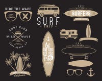 Set of Vintage Surfing Graphics and Emblems for web design or print. Surfer, beach style logo design. Surf Badge royalty free illustration Set of Vintage Surfing Graphics and Emblems for web design or print. Surfer, beach style logo design. Surf Badge royalty free illustration