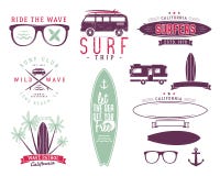 Set of Vintage Surfing Graphics and Emblems for web design or prints. Surfer, beach style logo design. Surf Badge stock illustration Set of Vintage Surfing Graphics and Emblems for web design or prints. Surfer, beach style logo design. Surf Badge stock illustration