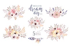 Set of watercolor boho floral bouquets. Watercolour bohemian natural frame: leaves, feathers, flowers, Isolated on white