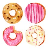Set of watercolor donut illustrations. Pink, green, white toppings