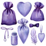 Set of watercolor elements, lavender bottles, bow, hearts on a white background