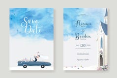 Set of wedding cards, Invitation, save the date template. Newlywed couple is driving a convertible, after Church ceremony image wi