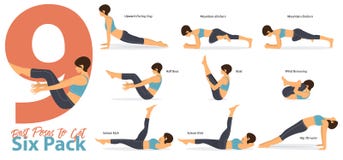 A set of yoga postures female figures for Infographic 9 Yoga poses for get six pack in flat design. Vector