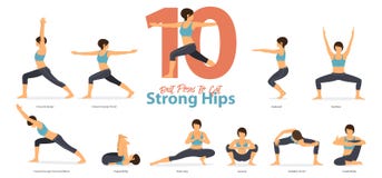 A set of yoga postures female figures for Infographic 10 Yoga poses for get strong hips in flat design.