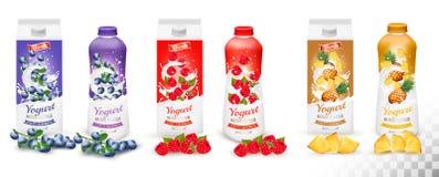 Set of yogurt in bottles and boxes with fruit and berries. Stock Image Set of yogurt in bottles and boxes with fruit and berries. Stock Image