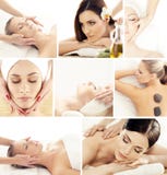 Set with young and beautiful girls relaxing in spa. Woman in massaging salon. Traditional oriental therapy and massaging Stock Photo Set with young and beautiful girls relaxing in spa. Woman in massaging salon. Traditional oriental therapy and massaging Stock Photo