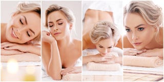 Set with young and beautiful girls relaxing in spa. Woman in massaging salon. Traditional oriental therapy and massaging royalty free stock image Set with young and beautiful girls relaxing in spa. Woman in massaging salon. Traditional oriental therapy and massaging royalty free stock image