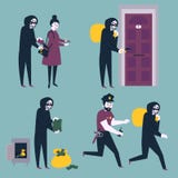 Set złodzieja rabusia włamywacz próbuje kraść pieniądze ilustracja wektor Set złodzieja rabusia włamywacz próbuje kraść pieniądze ilustracja wektor