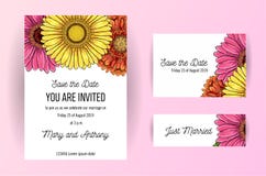 Set ślubna zaproszenie karta z kwiatami gerbera A5 zaproszenia projekta ślubny szablon na białym tle Naturalne menchie royalty ilustracja Set ślubna zaproszenie karta z kwiatami gerbera A5 zaproszenia projekta ślubny szablon na białym tle Naturalne menchie royalty ilustracja