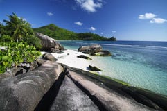Setzen Sie mit Felsen und Palmen bei Baie Lazare, Seychellen auf den Strand Lizenzfreie Stockbilder Setzen Sie mit Felsen und Palmen bei Baie Lazare, Seychellen auf den Strand Lizenzfreie Stockbilder