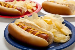 Several hotdogs on colored plates