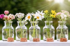 Several small glass bottles with bouquets of medicinal plants - homeopathy or herbal medicine concept stock photo Several small glass bottles with bouquets of medicinal plants - homeopathy or herbal medicine concept stock photo