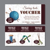 Sewing discount. Voucher for your business in sketch style. Modern template with sewing devices. stock illustration Sewing discount. Voucher for your business in sketch style. Modern template with sewing devices. stock illustration