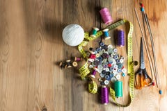 Sewing Supplies, Spools Of Thread, Buttons, Scissors, Measuring Stock Image Sewing Supplies, Spools Of Thread, Buttons, Scissors, Measuring Stock Image