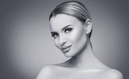Sexy beauty woman black and white portrait. Spa model girl with fresh clean skin. Blonde beauty woman royalty free stock images Sexy beauty woman black and white portrait. Spa model girl with fresh clean skin. Blonde beauty woman royalty free stock images