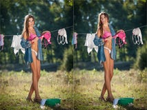 Sexy brunette woman in bikini and shirt putting clothes to dry in sun. Sensual young female with long legs putting out the washing Stock Photo Sexy brunette woman in bikini and shirt putting clothes to dry in sun. Sensual young female with long legs putting out the washing Stock Photo