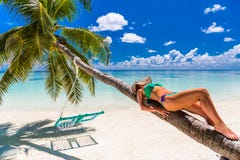 Sexy Frau im Bikini unter Palme auf Seehintergrund in Malediven stockfotografie Sexy Frau im Bikini unter Palme auf Seehintergrund in Malediven stockfotografie