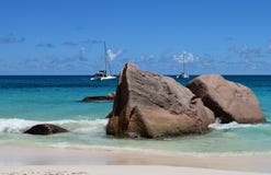 Seychelles. Praslin Island. The picturesque beach of Anse Lazio with views of the yachts royalty free stock images Seychelles. Praslin Island. The picturesque beach of Anse Lazio with views of the yachts royalty free stock images