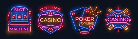 Señales de neón del casino Banderas del bote de la máquina tragaperras, cartelera de la noche de la barra del póker, ruleta de ju libre illustration Señales de neón del casino Banderas del bote de la máquina tragaperras, cartelera de la noche de la barra del póker, ruleta de ju libre illustration