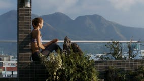 Señora Puts en los auriculares que se sientan en terraza del top del tejado Señora Puts en los auriculares que se sientan en terraza del top del tejado