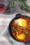 Shakshuka вкусное блюдо яя, зажаренное в соусе томатов, горячего перца, лука и приправ на черном лотке чугуна Томат стоковые фотографии rf Shakshuka вкусное блюдо яя, зажаренное в соусе томатов, горячего перца, лука и приправ на черном лотке чугуна Томат стоковые фотографии rf