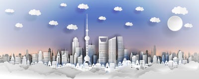 Shanhai city concept, China. Paper art city on back with buildings, towers, clouds. royalty free illustration Shanhai city concept, China. Paper art city on back with buildings, towers, clouds. royalty free illustration