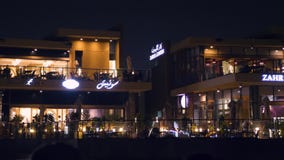 Sharjah, de V.A.E - 10 Mei, 2018: nachtkoffie met heldere backlight op het meer van dijkkhalid in de stad van Sharjah in Verenigd stock videobeelden Sharjah, de V.A.E - 10 Mei, 2018: nachtkoffie met heldere backlight op het meer van dijkkhalid in de stad van Sharjah in Verenigd stock videobeelden