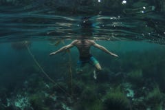 Shark P.O.V. of swimmer treading water in shallow water of ocean royalty free stock image Shark P.O.V. of swimmer treading water in shallow water of ocean royalty free stock image