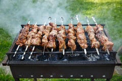 Shashlik ή shashlyk να προετοιμαστεί σε μια σχάρα σχαρών πέρα από τον ξυλάνθρακα Ψημένοι στη σχάρα κύβοι του κρέατος χοιρινού κρέ στοκ εικόνα Shashlik ή shashlyk να προετοιμαστεί σε μια σχάρα σχαρών πέρα από τον ξυλάνθρακα Ψημένοι στη σχάρα κύβοι του κρέατος χοιρινού κρέ στοκ εικόνα