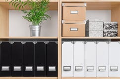 Shelves With Boxes, Folders And Green Plant Royalty Free Stock Photography
