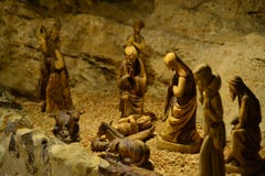 Manger at Shepherds Field Chapel, christmas eve, wooden figures, Bethlehem, Palestine, Israel stock photos Manger at Shepherds Field Chapel, christmas eve, wooden figures, Bethlehem, Palestine, Israel stock photos