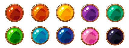 Shiny colorful round gem with golden frame set for mobile game interface design. royalty free illustration Shiny colorful round gem with golden frame set for mobile game interface design. royalty free illustration