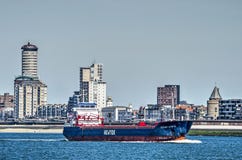 Ship on its way to Antwerp at Vlissingen waterfront royalty free stock images Ship on its way to Antwerp at Vlissingen waterfront royalty free stock images
