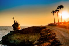 Shipwreck At Sunset. Evening Shot On A Beautiful Day In Paphos. Cyprus Royalty Free Stock Photography