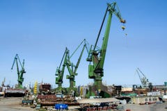 Shipyard cranes in shipyard Gdansk, Poland stock photos Shipyard cranes in shipyard Gdansk, Poland stock photos