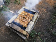 Shish kebab od kurczaka na improwizującym grillu robić cegły zdjęcie stock Shish kebab od kurczaka na improwizującym grillu robić cegły zdjęcie stock