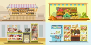 Shop counters or store supermarket product display vector flat design Stock Photos Shop counters or store supermarket product display vector flat design Stock Photos