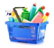 Shopping basket with detergent bottles isolated on white royalty free stock photo Shopping basket with detergent bottles isolated on white royalty free stock photo