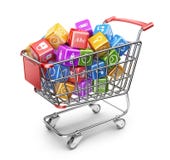 Shopping cart with app icons. 3D Isolated Stock Photo Shopping cart with app icons. 3D Isolated Stock Photo