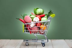Shopping Cart Full, Space For Text, Banner. Health Bio Organic Food Concept, Cart In Supermarket Full Vegetables Stock Photos