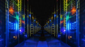 Shot of Corridor in Large Working Data Center Full of Rack Servers and Supercomputers.