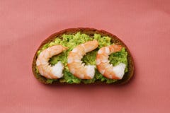 Shrimp with avocado on bread with coral background top view royalty free stock photos Shrimp with avocado on bread with coral background top view royalty free stock photos