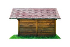Side view of a wooden dog hut with a red roof, standing on the green grass. Isolated on a white background with a clipping path. stock image Side view of a wooden dog hut with a red roof, standing on the green grass. Isolated on a white background with a clipping path. stock image