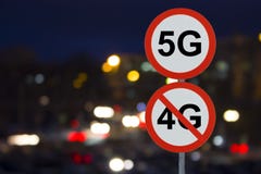 The Sign 5G no 4G and the night road with cars vector illustration The Sign 5G no 4G and the night road with cars vector illustration