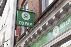 Sign for an Oxfam charity shop in York, Yorkshire, UK - 4th August 2018 royalty free stock photography Sign for an Oxfam charity shop in York, Yorkshire, UK - 4th August 2018 royalty free stock photography
