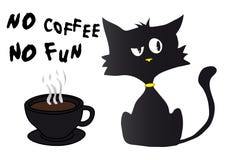 Silhouet van de beeldverhaal het zwarte kat in slechte stemming met gele neus en kraag, kop van koffie stock illustratie Silhouet van de beeldverhaal het zwarte kat in slechte stemming met gele neus en kraag, kop van koffie stock illustratie
