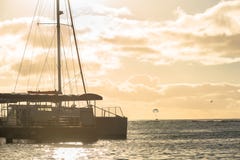 Catamaran docked on Waikiki Beach in Honolulu, Hawaii royalty free stock photography Catamaran docked on Waikiki Beach in Honolulu, Hawaii royalty free stock photography
