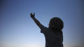 Silhouette d'enfant soulevant des mains dans le ciel sur le fond de ciel bleu clips vidéos Silhouette d'enfant soulevant des mains dans le ciel sur le fond de ciel bleu clips vidéos