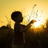 Silhouette de coucher du soleil d'enfant image stock Silhouette de coucher du soleil d'enfant image stock